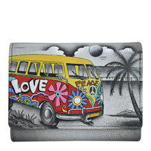 Load image into Gallery viewer, Anna by Anuschka style 1850, handpainted Ladies Three Fold Wallet. Happy Camper painting in grey color. Featuring credit card holders, ID window and multipurpose slip in pockets.
