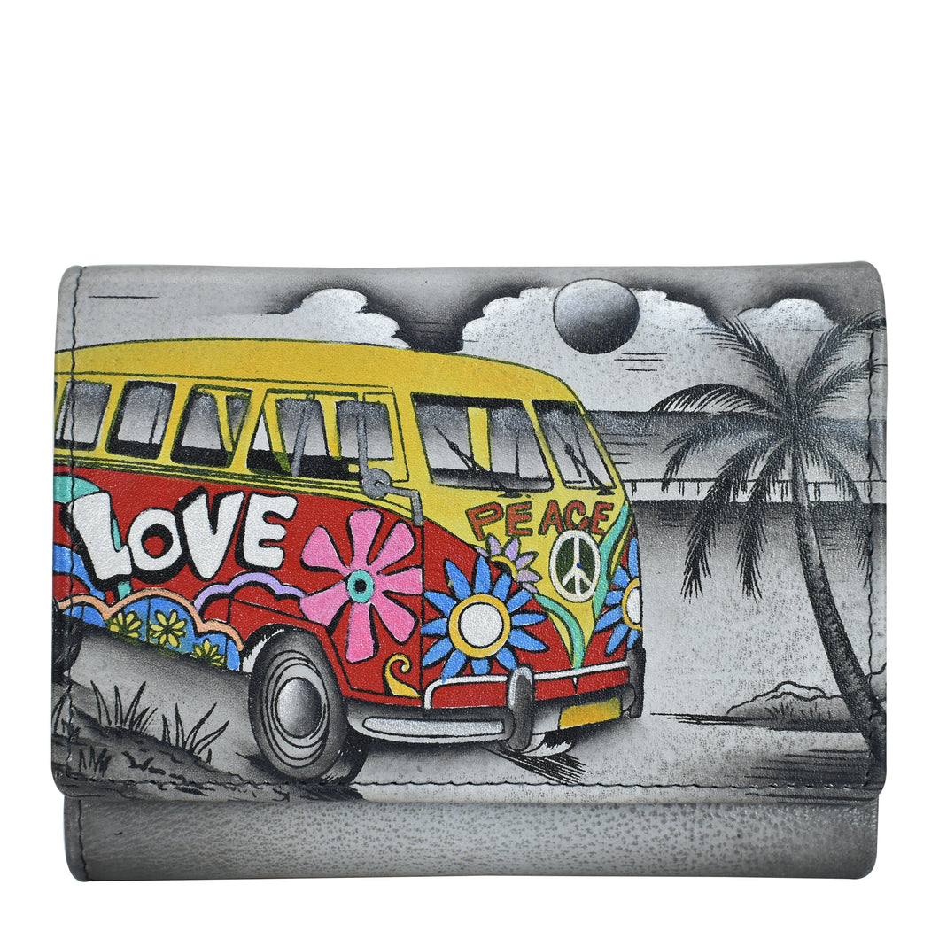 Anna by Anuschka style 1850, handpainted Ladies Three Fold Wallet. Happy Camper painting in grey color. Featuring credit card holders, ID window and multipurpose slip in pockets.