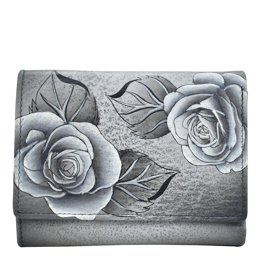 Anna by Anuschka style 1850, handpainted Ladies Three Fold Wallet. Romantic Rose painting in black color. Featuring credit card holders, ID window and multipurpose slip in pockets.