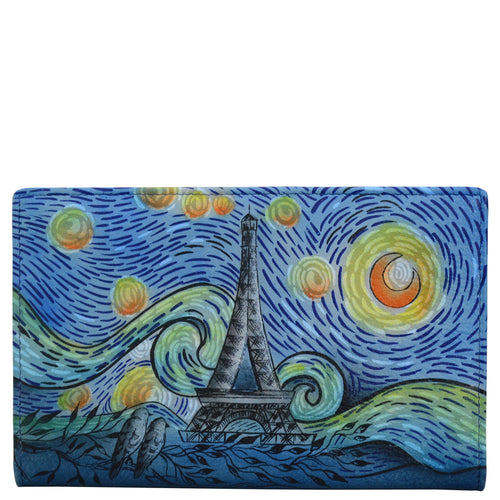 Anna by Anuschka style 1852, handpainted Two Fold Wallet. Love In Paris painting in blue color. Featuring credit card holders and passport holder.