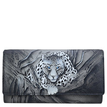 Load image into Gallery viewer, Anna by Anuschka style 1860, handpainted Three Fold Organizer Wallet. African Leopard painting in black color. Featuring Two slip in pockets with twelve credit card holders.
