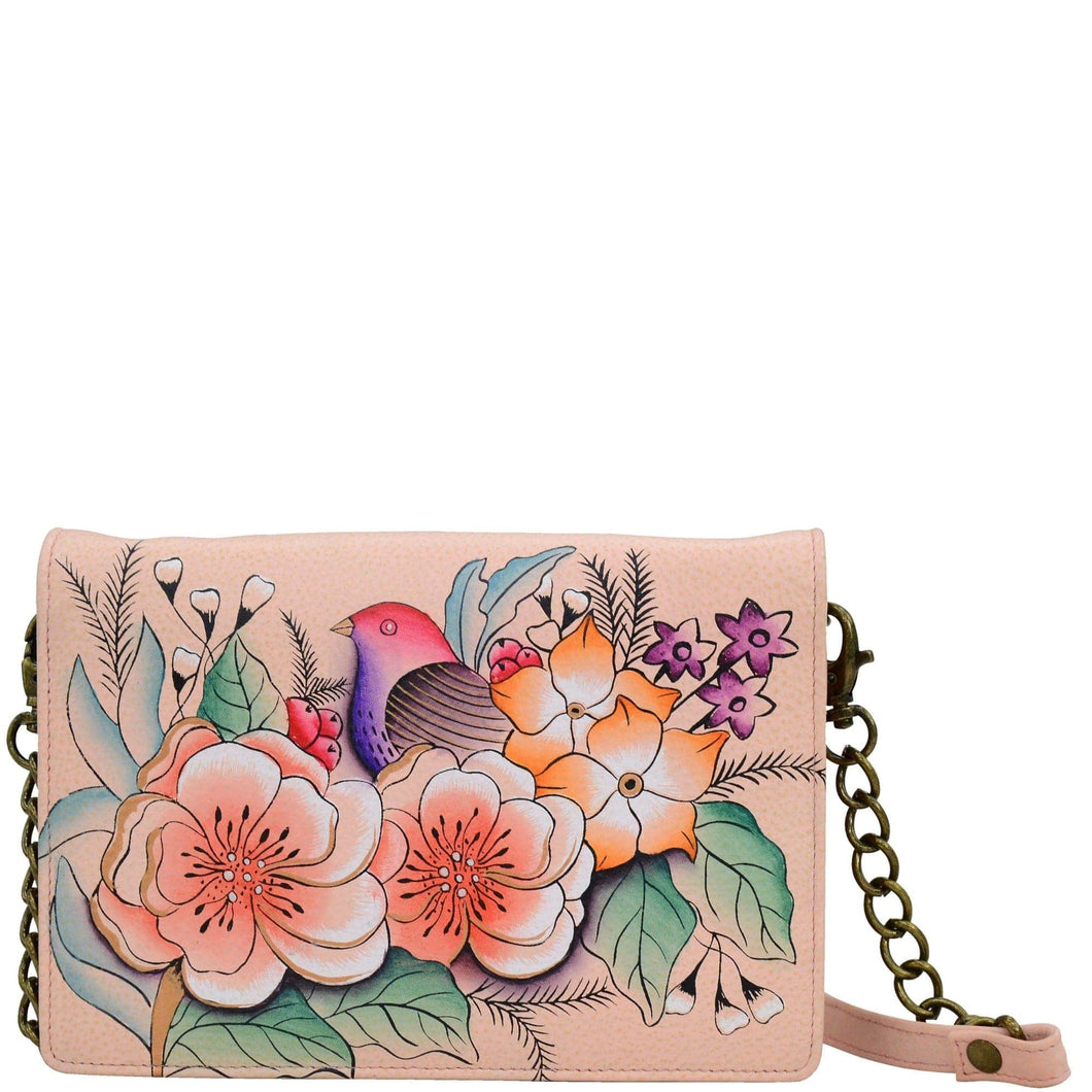 Anna by Anuschka style 1868, handpainted Flap Organizer Wallet. Vintage Garden painting in pink/peach color. Featuring built-in organizer and removable strap.