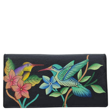 Load image into Gallery viewer, Anna by Anuschka style 1871, handpainted Two-Fold Clutch Wallet. Birds in Paradise Black painting in black color. Featuring three ID window, two slip pockets and one gusseted compartment.
