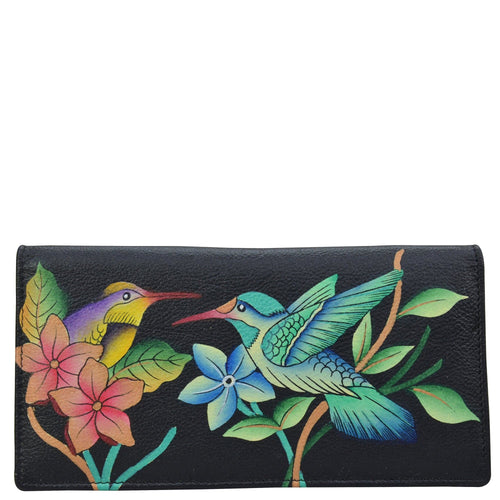 Anna by Anuschka style 1871, handpainted Two-Fold Clutch Wallet. Birds in Paradise Black painting in black color. Featuring three ID window, two slip pockets and one gusseted compartment.
