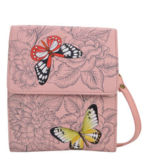 Load image into Gallery viewer, Anna by Anuschka style 1887, handpainted Flap Organizer. Butterfly Garden painting in pink/peach color. Featuring six credit card holders and removable strap.
