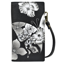 Load image into Gallery viewer, Anna by Anuschka Style 1895, handpainted Phone Wallet Organizer Crossbody. Butterfly Mosaic Black painting
