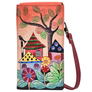 Anna by Anuschka Style 1895, handpainted Phone Wallet Organizer Crossbody. Village Of Dreams painting