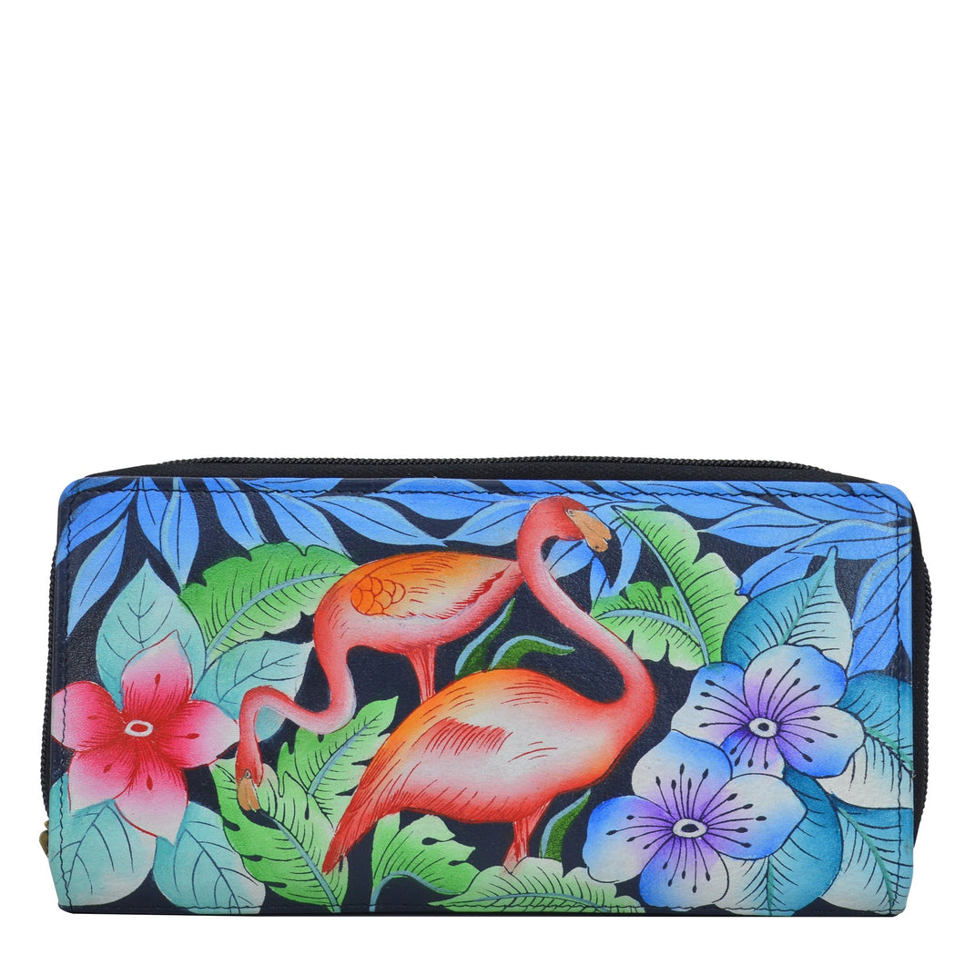 Anna by Anuschka style 1902, handpainted Organizer Clutch. Flamingo Fever painting in multi color. Featuring built-in organizer, six card holders, three slip in pockets and two ID windows.