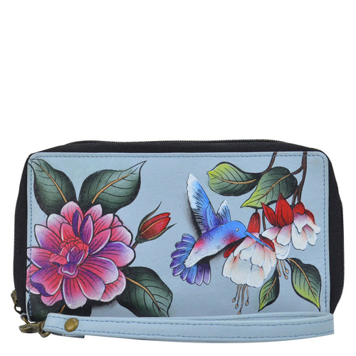 Anna by Anuschka style 1933, handpainted Wristlet Organizer. Garden Jewels painting in blue color. Featuring built-in organizer, card holders and removable wristlet.