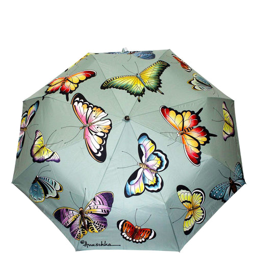 Anuschka style 3100, printed Auto Open and Close Umbrella. Butterfly Heaven print in Green or Mint Color. UV protection (UPF 50+) during rain or shine.