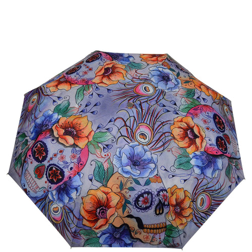 Anuschka style 3100, printed Auto Open and Close Umbrella. Calaveras de Azucar painting in grey color. UV protection (UPF 50+) during rain or shine.