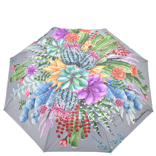 Anuschka style 3100, printed Auto Open and Close Umbrella. Desert Garden painting in grey color. UV protection (UPF 50+) during rain or shine.