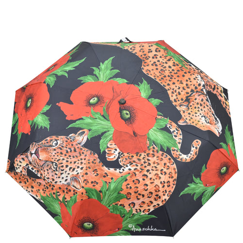 Anuschka style 3100, printed Auto Open and Close Umbrella. Enigmatic Leopard painting in Black color.UV protection (UPF 50+) during rain or shine.