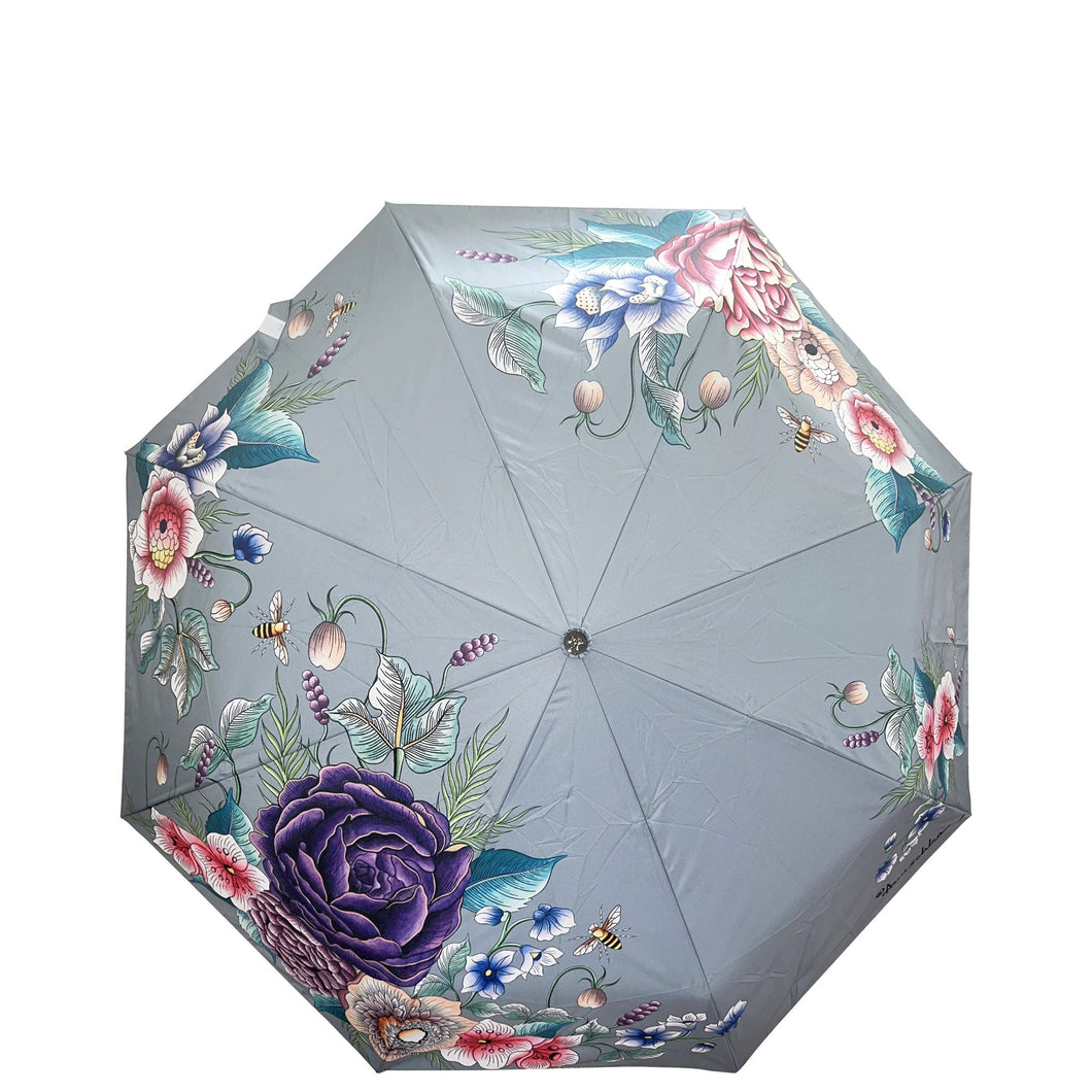 Anuschka style 3100, printed Auto Open and Close Umbrella. Floral Charm painting in grey color. UV protection (UPF 50+) during rain or shine.