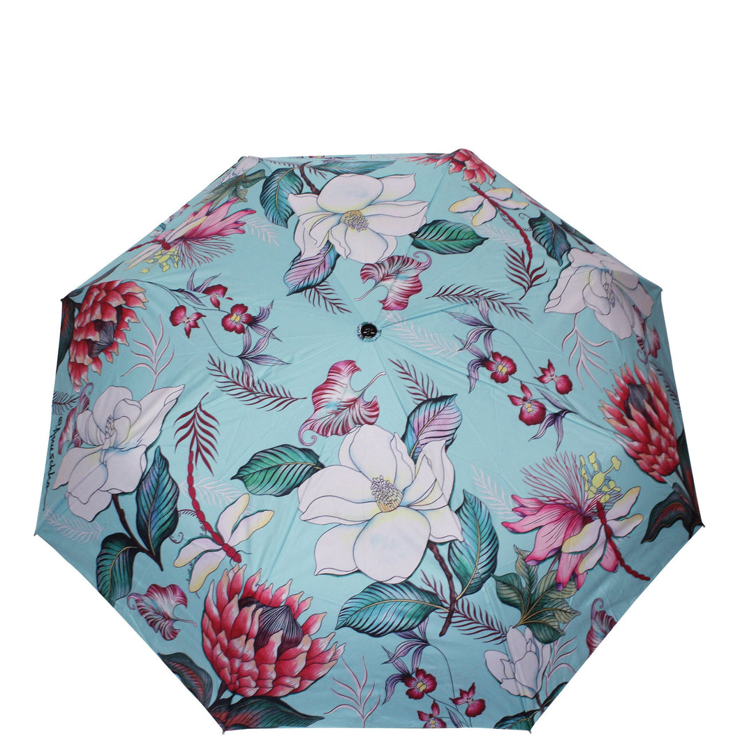 Anuschka style 3100, printed Auto Open and Close Umbrella. Jardin Bleu painting in blue color. UV protection (UPF 50+) during rain or shine