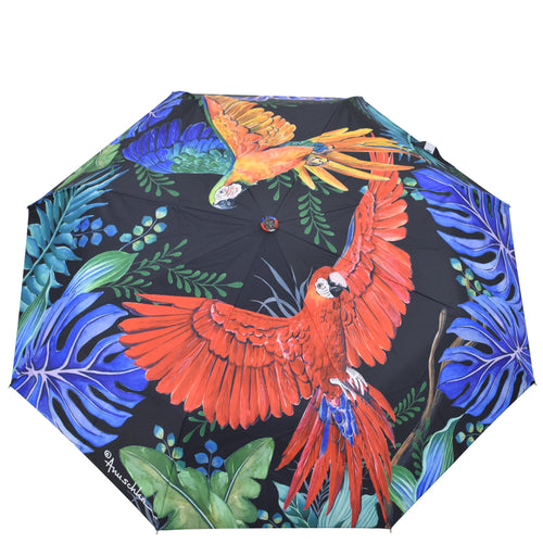 Anuschka style 3100, printed Auto Open and Close Umbrella. Rainforest Beauties print in Black color. UV protection (UPF 50+) during rain or shine.