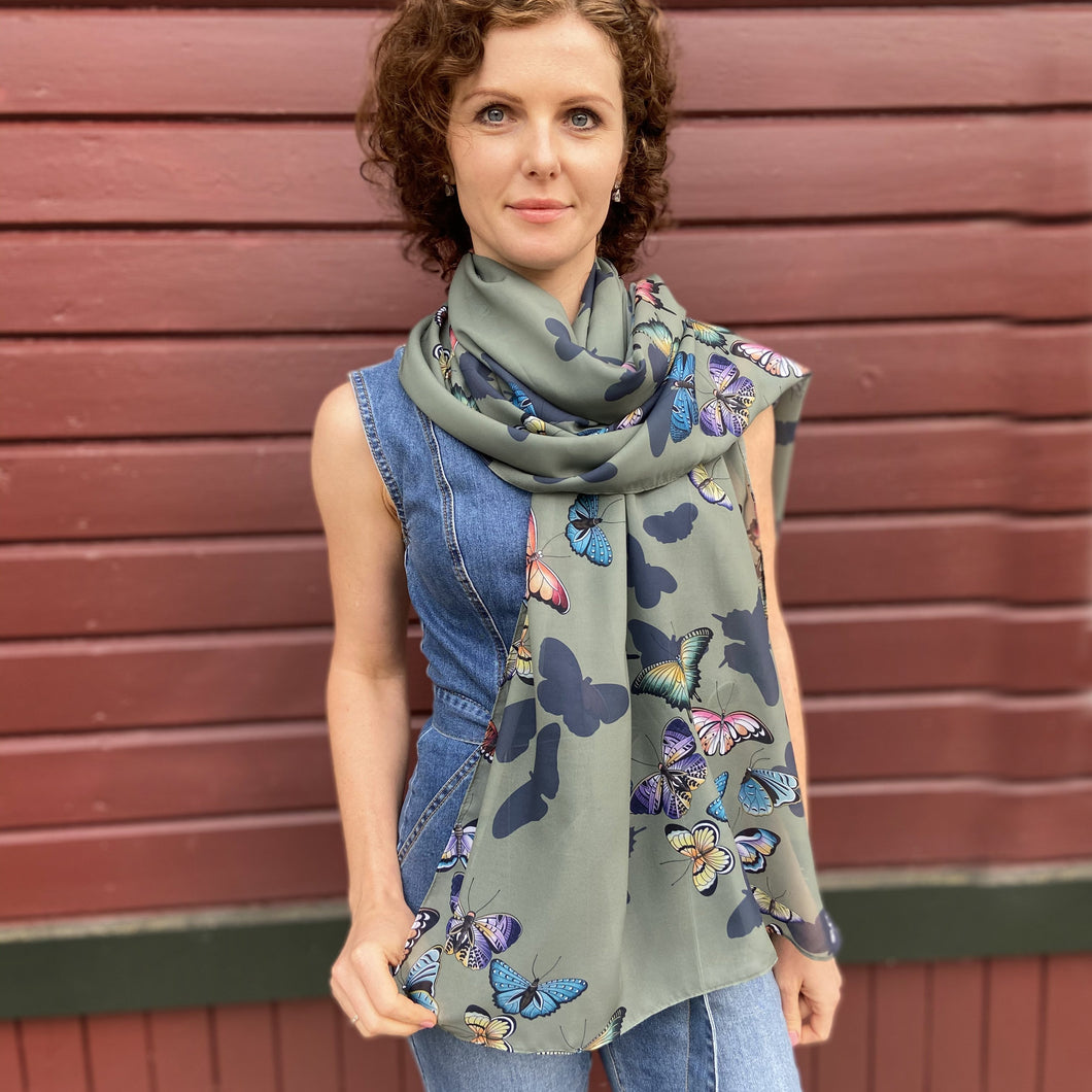 Anuschka style 3300, Printed Chiffon Scarf. Butterfly Heaven print in Green or Mint Color. Flaunt luxe, lightweight, bold and beautiful styles inspired by nature.