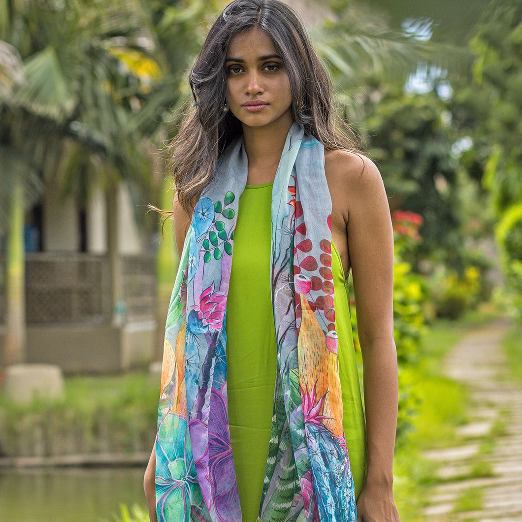 Anuschka style 3300, Printed Chiffon Scarf. Desert Garden painting in grey color. Flaunt luxe, lightweight, bold and beautiful styles inspired by nature.