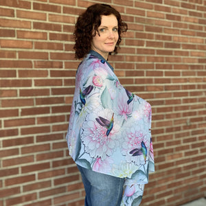 Anuschka style 3300, Printed Chiffon Scarf. Rainbow Birds Painted in Grey Color.Flaunt luxe, lightweight, bold and beautiful styles inspired by nature.