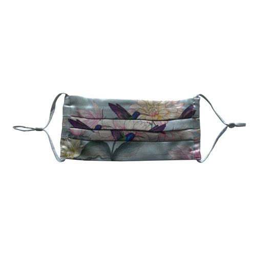 Anuschka style 3303, printed 100% Silk Pleated Face Covering, Rainbow Birds Print in Grey Color. 100% double layered silk, Pocket for filter, Adjustable sideband and 2 filters included.