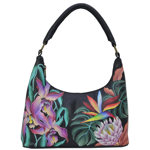 Anuschka style 371, handpainted Medium Zip Top Hobo. Island Escape Black Painted in Black Color. Featuring Inside zippered wall pocket two multipurpose pockets and rear zip pocket.