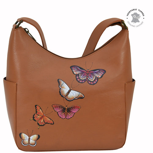 Anuschka style 382, handpainted Classic Hobo With Side Pockets. Butterflies Honey painting in tan color.Fits Tablet and E-Reader.