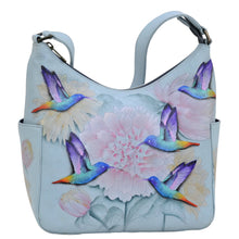 Load image into Gallery viewer,  Anuschka style 382, handpainted Classic Hobo With Side Pockets. Rainbow Birds Painted in Grey Color.Fits Tablet and E-Reader.
