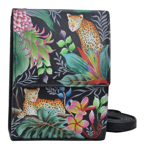 Anuschka style 412, handpainted Triple Compartment Crossbody Organizer.Jungle Queen painting in black color. Featuring Inside eight credit card pockets & Mirror under flap.