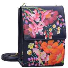 Load image into Gallery viewer, Anuschka style 412, handpainted Triple Compartment Crossbody Organizer. Moonlit Meadow Painted in Blue Color. Featuring Inside eight credit card pockets &amp; Mirror under flap.

