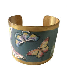 Load image into Gallery viewer, Anuschka style 4300, printed Gold plated Cuff. Butterfly Heaven Print in Green or Mint Color. Created with copper, plated with 14K gold and finished with 24K gold foil.
