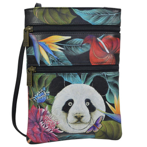 Anuschka style 448, handpainted Convertible Satchel. Happy Panda painting in Green color. Removable Strap. Fits Tablet and E-Reader.