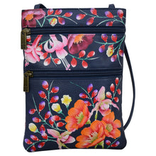 Load image into Gallery viewer, Anuschka style 448, handpainted Mini Double Zip Travel Crossbody. Moonlit Meadow Painted in Blue Color. Featuring main compartment with magnetic closure and key holder.
