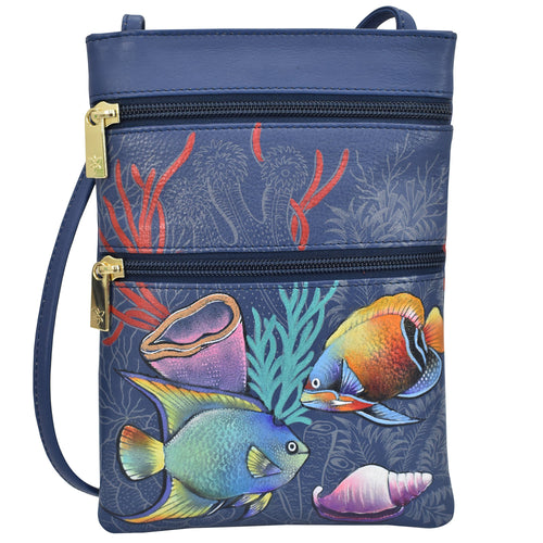 Anuschka style 448, handpainted Convertible Satchel. Mystical Reef painting in Blue color. Removable Strap. Fits Tablet and E-Reader.