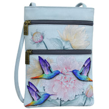 Load image into Gallery viewer, Anuschka style 448, handpainted Convertible Satchel. Rainbow Birds Painted in Grey Color.Removable Strap. Fits Tablet and E-Reader.
