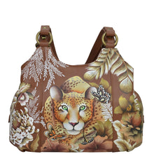 Load image into Gallery viewer, Anuschka style 469, Triple Compartment Satchel. Cleopatra&#39;s Leopard painting in tan color. Fits tablet, E-Reader with Built-in organizer.
