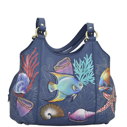 Anuschka style 469, Triple Compartment Satchel. Mystical Reef painting in Blue color. Fits tablet, E-Reader with Built-in organizer.