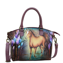 Load image into Gallery viewer, Anuschka style 484, handpainted Convertible Satchel. Free Spirit Painted in Brown Color. Featuring Inside open wall pocket, zippered pocket, cell and multipurpose pocket, three pen holders, four credit card holders.
