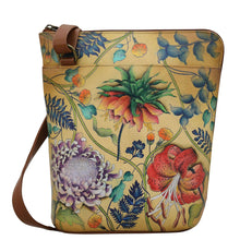 Load image into Gallery viewer, Anuschka style 493, handpainted Organizer Crossbody With Extended Side Zipper. Caribbean Garden Painted in Tan Color. Featuring inside zippered partition pocket, zippered back wall pocket Multi-purpose pocket, two penholders and pullout credit card/ ID holder.
