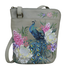 Load image into Gallery viewer, Anuschka style 493, handpainted Organizer Crossbody With Extended Side Zipper. Regal Peacock Painted in Grey Color. Featuring inside zippered partition pocket, zippered back wall pocket Multi-purpose pocket, two penholders and pullout credit card/ ID holder.
