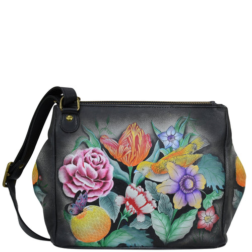Anuschka Style 525, handpainted Triple Compartment Medium Crossbody With Adjustable Strap. Vintage Bouquet painting