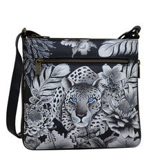 Load image into Gallery viewer, Anuschka style 550, handpainted Expandable Travel Crossbody. Cleopatra&#39;s Leopard painting in black, grey and silver color. Fits Tablet and E-Reader.
