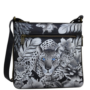 Anuschka style 550, handpainted Expandable Travel Crossbody. Cleopatra's Leopard painting in black, grey and silver color. Fits Tablet and E-Reader.