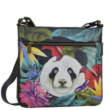 Load image into Gallery viewer, Anuschka style 550, handpainted Expandable Travel Crossbody. Happy Panda painting in Green color. Removable Strap. Fits Tablet and E-Reader.
