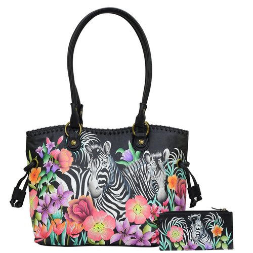 Anuschka Style 569, handpainted Double Handle Large Tote With Magnetic Closure. Playful Zebras painting