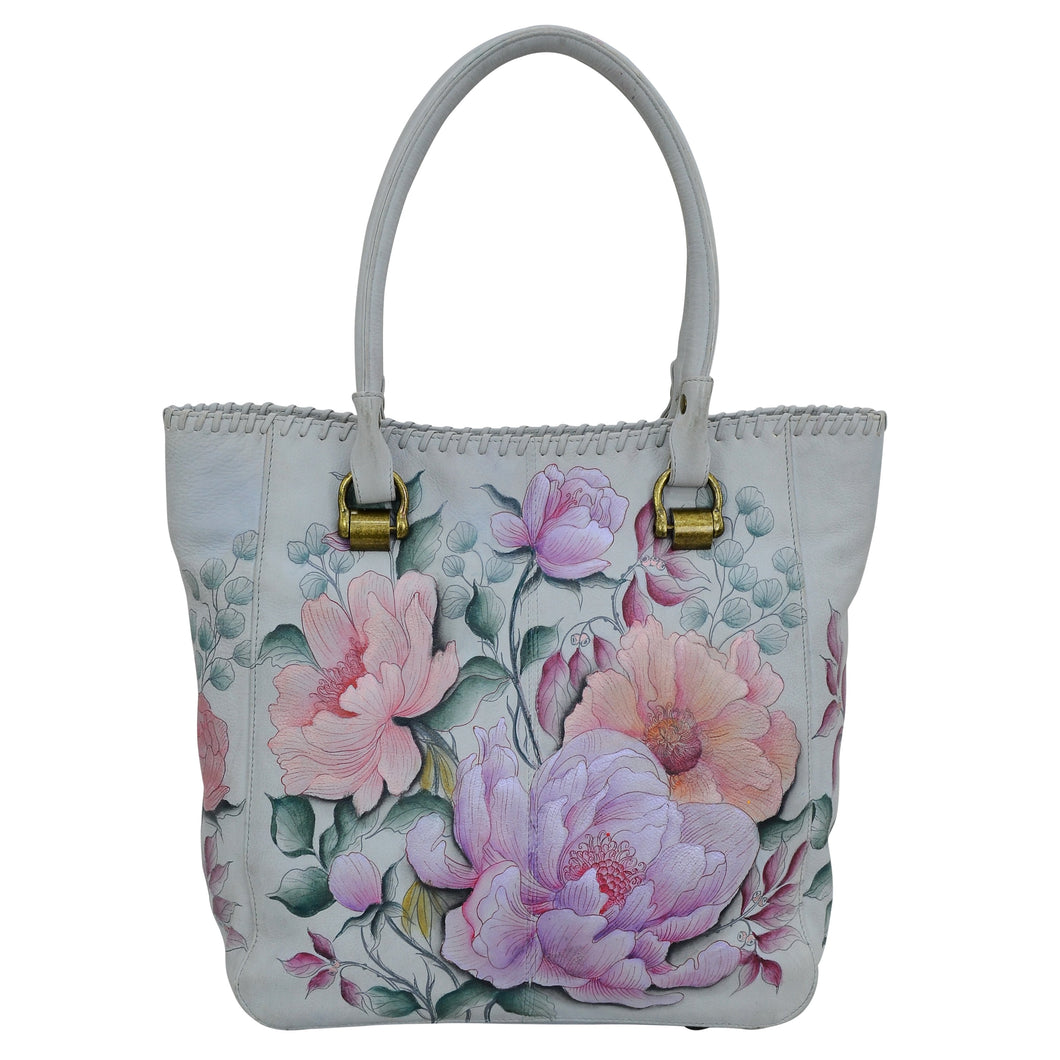 Anuschka style 609, handpainted Tall Tote With Double Handle. Bel Fiori Painted in Grey Color. Featuring one open wall pocket, and two multipurpose pockets with removable fabric cosmetic pouch and optical case.