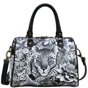 Anuschka style 625, handpainted Zip Around Classic Satchel. Cleopatra's Leopard painting in black, grey and silver color.  Fits Tablet and E-Reader.