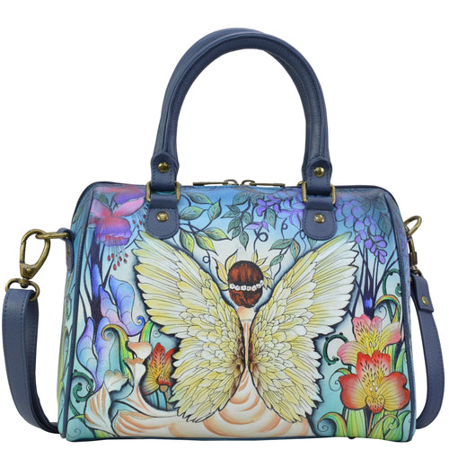 Anuschka style 625, handpainted Zip Around Classic Satchel. Enchanted Garden Painted in Blue Color. Featuring one full length zippered wall pocket, two multipurpose pockets.