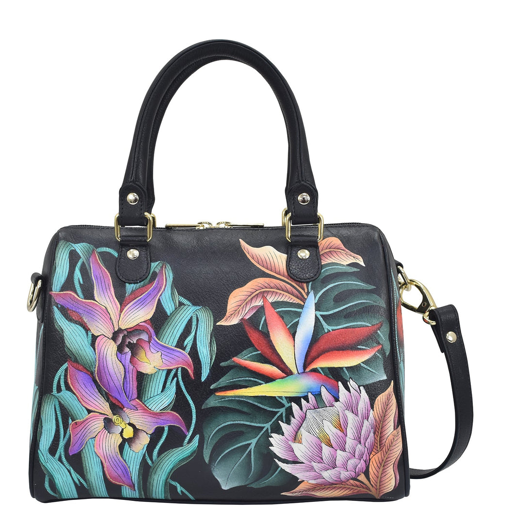 Anuschka style 625, handpainted Classic Satchel, Island Escape Black painting in black color. Fits tablet, E-Reader.