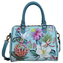 Load image into Gallery viewer, Anuschka style 625, handpainted Zip Around Classic Satchel. Jardin Bleu Painted in Blue Color. Featuring one full length zippered wall pocket, two multipurpose pockets.

