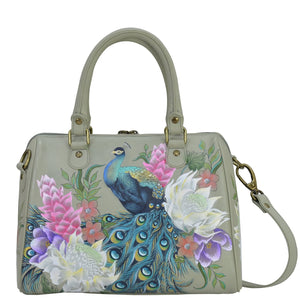 Anuschka style 625, handpainted Zip Around Classic Satchel. Regal Peacock Painted in Grey Color. Featuring one full length zippered wall pocket, two multipurpose pockets.